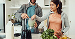 Wellness, ingredients and couple with smoothie in home for health, nutrition or diet breakfast. Groceries, bonding and man helping woman with blender for juice detox in kitchen at apartment together.