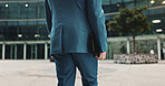 City, walking and back of business man on morning commute, journey and travel to office. Professional, corporate worker and person with tablet in urban town for work trip, job and career outdoors