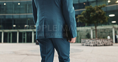 Buy stock photo City, walking and back of business man on morning commute, journey and travel to office. Professional, corporate worker and person with tablet in urban town for work trip, job and career outdoors