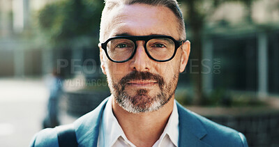 Buy stock photo Portrait, glasses and mature businessman in city for travel to work with finance career. Smile, outdoor and face of male financial manager from London with pride and confidence in urban town.