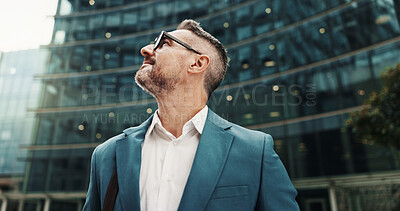 Buy stock photo Business, thinking and man in street, below and ideas with choice, urban town and commute. Mature person, financial advisor and consultant with wonder, travel and planning with decision and break