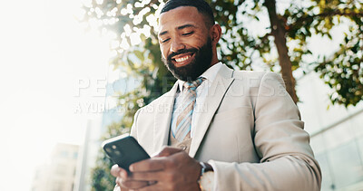 Buy stock photo Business, smile or man in city, cellphone and internet with social media, message to contact and texting. Person, typing or low angle in street, smartphone or digital app for communication or network