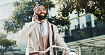 City, phone call and business man with bicycle for travel, eco friendly transport and thinking. Outdoor, cycling and happy worker on mobile with contact, sustainability manager and listen on commute