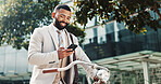 Travel, bicycle or man in city with phone, appointment or smile in urban town for opportunity. Sustainable, financial advisor or happy consultant cycling with mobile for corporate career, commute