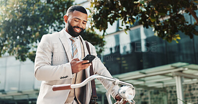 Buy stock photo Travel, bicycle or man in city with phone, appointment or smile in urban town for opportunity. Sustainable, financial advisor or consultant walking with mobile for corporate career, commute or bike