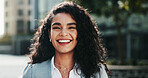 Woman, portrait and happy in city for business, new opportunity or dream career in property. Estate agent, smile or confident in town for urban development, professional or friendly service in Brazil