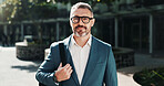 Travel, portrait or mature businessman in city with confidence, bag or finance opportunity in urban town. Trip, financial advisor or proud consultant in street for career, commute and appointment