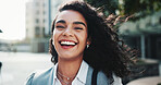Woman, portrait and laugh in city for business, new opportunity or dream career in property. Estate agent, happy or confident in town for urban development, professional or friendly service in Brazil