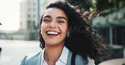 Buy stock photo Woman, portrait and laugh in city for business, new opportunity or dream career in property. Estate agent, happy or confident in town for urban development, professional or friendly service in Brazil