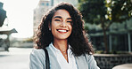 Travel, portrait or happy businesswoman in urban town with confidence, bag or finance opportunity in street. Trip, financial advisor or proud consultant in city for career, commute and appointment