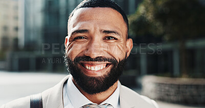 Buy stock photo Smile, city and portrait of business man on travel, morning commute and confident in town for career opportunity. Happy, corporate and person for entrepreneurship, investor and financial job in town