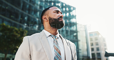 Buy stock photo Business, thinking and man in city, below and ideas with wonder, urban town and commute. Person, financial advisor and consultant in street, travel and planning with decision, choice or contemplation