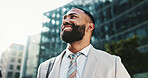 Business, thinking and man with, below and ideas with wonder, urban town and travel. Happy person, financial advisor and consultant in street, choice and planning with decision, success and commute