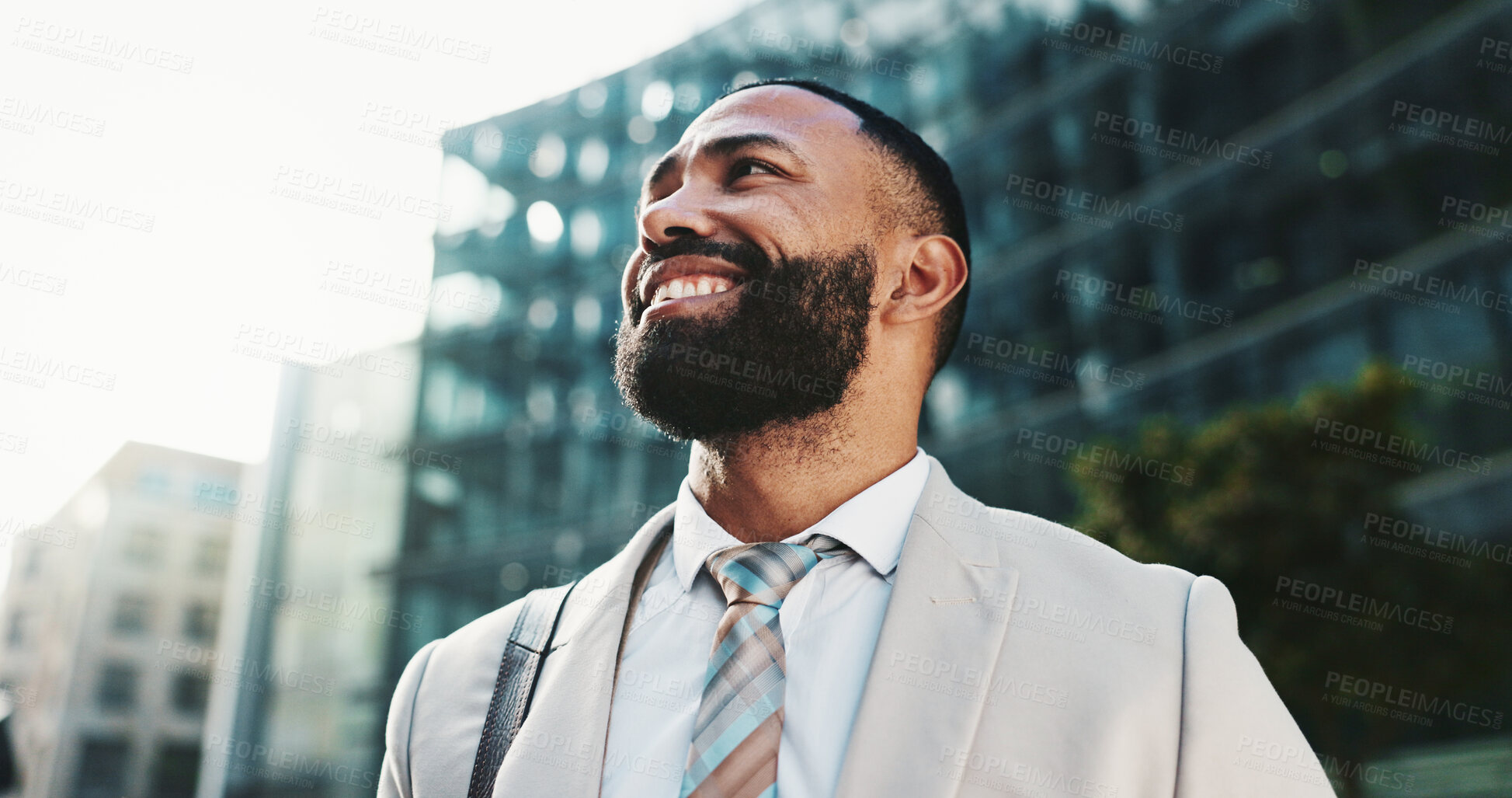 Buy stock photo Business, thinking and man with, below and ideas with wonder, urban town and travel. Happy person, financial advisor and consultant in street, choice or planning with decision, opportunity or commute