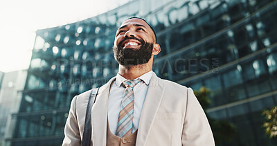 Buy stock photo Business, thinking and outdoor with man, below and ideas with wonder, choice and commute. Person, financial advisor and consultant in street, pride and contemplation with decision, travel or New York