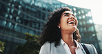 Business, thinking and below with woman, funny and ideas with wonder, success and commute. Happy person, financial advisor and consultant with smile, contemplation and planning in New York city