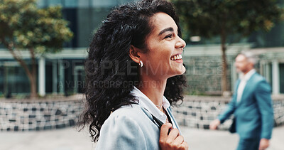 Buy stock photo Business woman, thinking and smile in city with commute to job, direction and outdoor to start career. Person, street and happy on travel with reflection, excited and perspective with inspiration