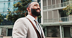 Thinking, walking or businessman in city with smile, confidence or finance opportunity in urban town. Trip, happy financial advisor or proud consultant in street for career, commute or appointment