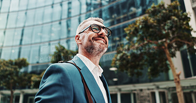 Buy stock photo Business, smile and man in city, below and ideas with wonder, thinking and commute. Mature person, financial advisor or consultant in street, excited and contemplation with decision, choice or travel