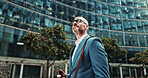 Travel, thinking or man in city with phone, appointment or ideas in urban town for opportunity. Mature, financial advisor or consultant in street with mobile for corporate career, commute or decision