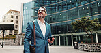 Walking, thinking or man in city with phone, appointment or ideas in urban town for opportunity. Mature, financial advisor or consultant with mobile for corporate career, commute travel or decision