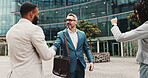 Business people, outdoor and handshake with greeting, hello and agreement for project. Employees, shaking hands and consultant in street, urban town or thank you with cooperation, welcome or New York