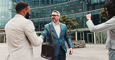 Buy stock photo Business people, outdoor and handshake with greeting, hello and agreement for project. Employees, shaking hands and consultant in street, urban town or thank you with cooperation, welcome or New York