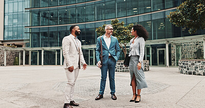 Buy stock photo Business, people and talking in meeting outdoor for city planning, b2b networking and urban project. Real estate agent, employees and discussion for property development, partnership or collaboration