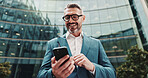 Business, smile and man in city, cellphone and internet with social media, communication and texting. Mature person, outdoor and employee in street, smartphone or digital app for email and message