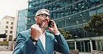 Phone call, fist pump and business man in city celebrate for good news, success and winning. Professional, corporate and happy person with gesture on smartphone for talking, online chat and contact