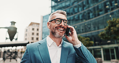 Buy stock photo City, businessman and happy with phone call for communication, networking or lawyer for case update. Travel, laugh and mature attorney with mobile for justice feedback, legal aid or gossip to contact