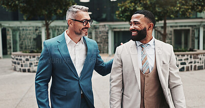 Buy stock photo Conversation, business people and men in city, smile and teamwork with support. Outdoor, mentor and employees in street, discussion and advice for corporate professional, cooperation and New York