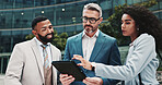 City, business people and discussion with tablet for research, case information and team of lawyers. Urban, collaboration and attorneys with mature advocate for justice report, feedback and travel