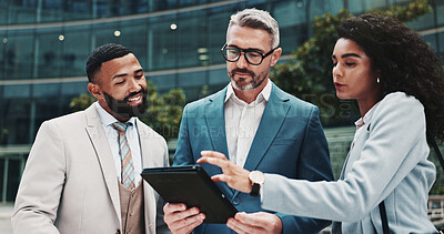Buy stock photo City, business people and discussion with tablet for research, case information and team of lawyers. Urban, collaboration and attorneys with mature advocate for justice report, feedback and travel