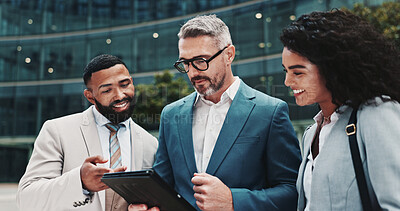 Buy stock photo City, business people and talking with tablet for research, case information and team of lawyers. Urban, collaboration and attorneys with mature advocate for digital report, justice feedback or smile
