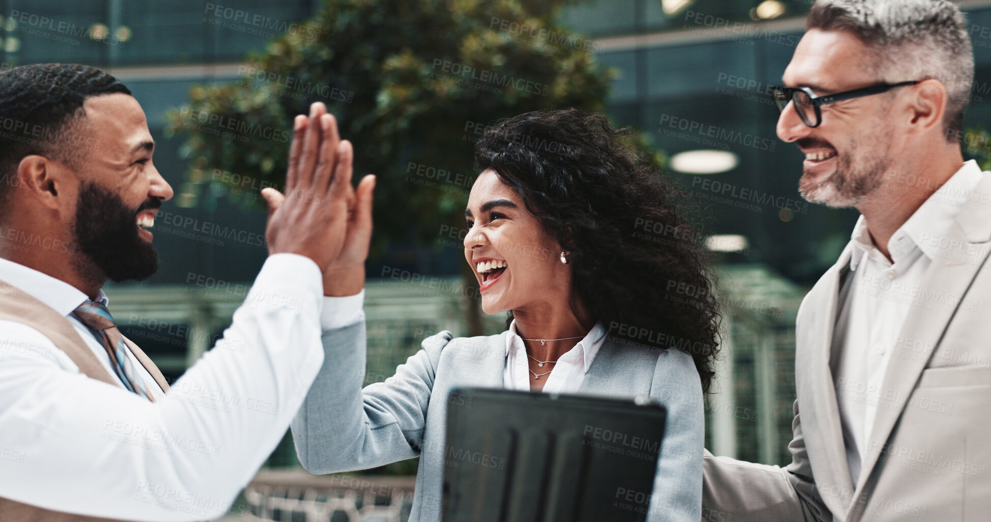 Buy stock photo High five, colleagues and people with tablet, celebration and positive feedback for project and outdoor. Account manager, group and success of sales for business, city and tech with info for team
