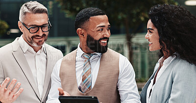 Buy stock photo Outdoor, colleagues and group with tablet, business and review of positive feedback for project and sales. Account manager, people and employees with tech for collaboration, happiness and discussion