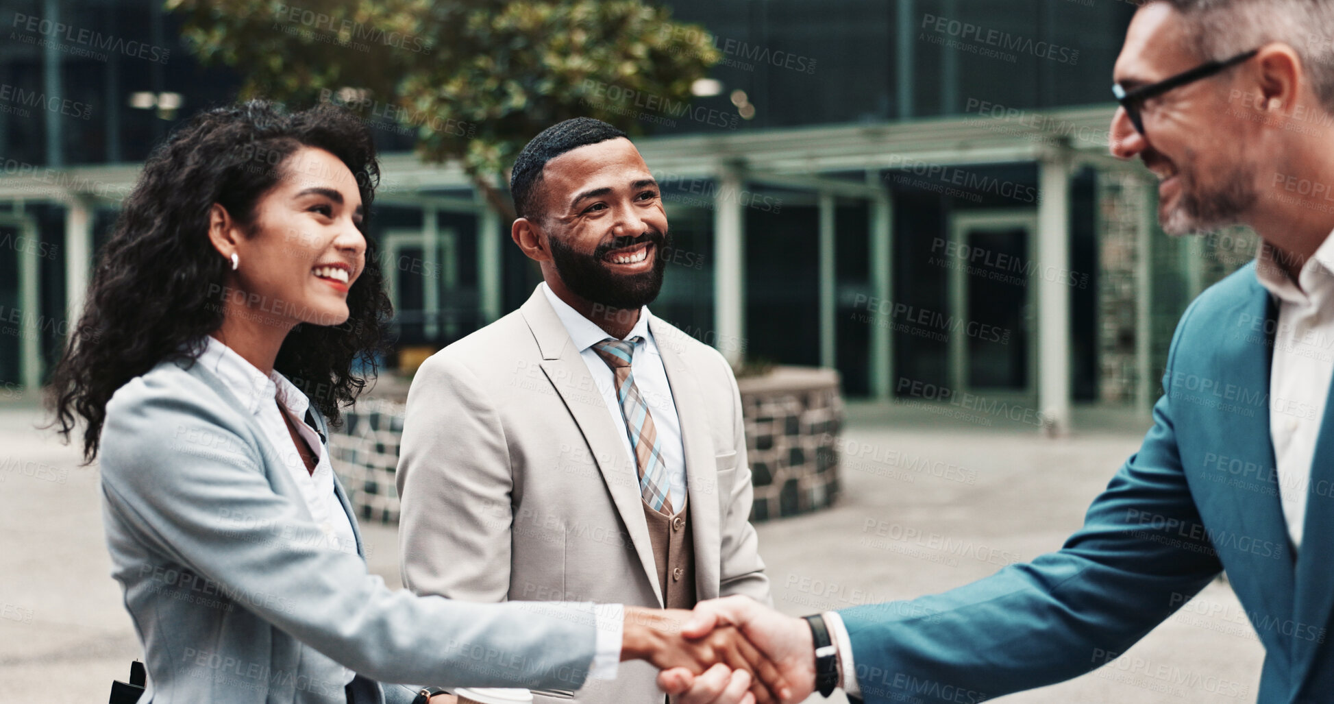 Buy stock photo City, business people and smile with handshake for greeting, welcome and agreement for realtors. Urban, clients and real estate agent with shaking hands for introduction, deal success and partnership