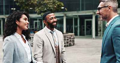 Buy stock photo Business, people and happy in meeting outdoor for city planning, B2B networking and urban project. Real estate agent, employees and introduction for property development, partnership or collaboration