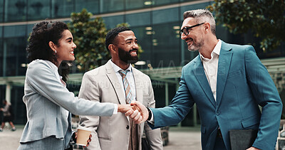 Buy stock photo Outdoor, business people and smile with handshake for welcome, greeting or agreement for realtors. City, clients and real estate agent with shaking hands for introduction, deal success or partnership