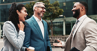 Buy stock photo Collaboration, commute and laughing with business people in city together for meeting or travel. Conversation, funny and teamwork with employee group outdoor in urban town for corporate partnership