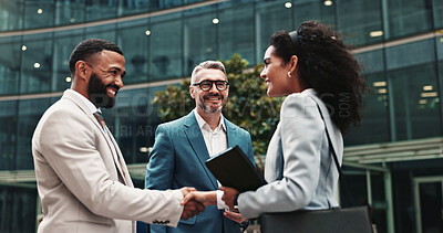 Buy stock photo City, business people and smile with handshake for welcome, greeting and agreement for realtors. Urban, clients and real estate agent with shaking hands for introduction, deal success and partnership
