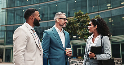 Buy stock photo Outdoor, collaboration and colleagues with smile, business and talking to CEO for proposal and discussion. Corporate, intern and woman with ideas for sales, conversation and people with boss in city