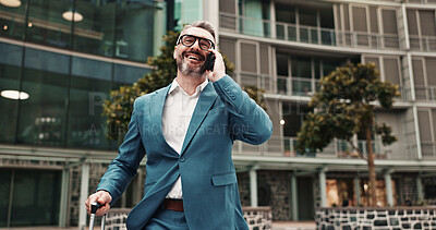 Buy stock photo City, phone call or business man with luggage for travel, laugh or international investment deal. Outdoor, suitcase or talking on mobile with happy mature manager for financial offer, trip or journey