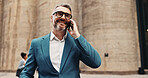 Outdoor, phone call and mature business man with deal, investment negotiation and talking. City, happy manager and conversation on mobile with contact for financial offer, news and trading results