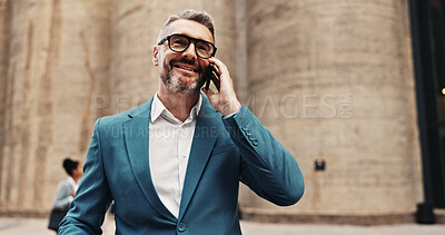 Buy stock photo Outdoor, phone call and mature business man with deal, investment negotiation and talking. City, happy manager and conversation on mobile with contact for financial offer, news and trading results