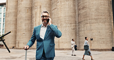 Buy stock photo City, phone call and businessman with suitcase for travel, news or international investment deal. Outdoor, luggage and talking on mobile with happy mature manager for financial offer, trip or journey