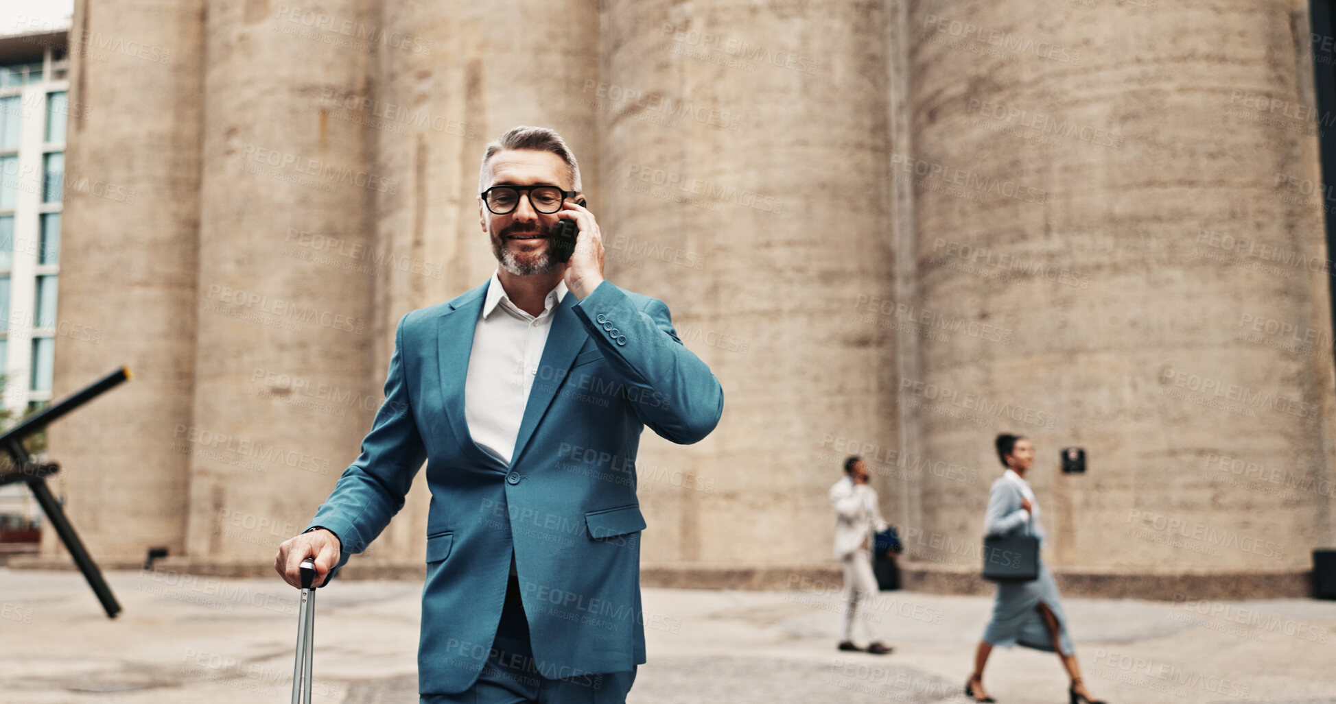 Buy stock photo City, phone call and businessman with suitcase for travel, news or international investment deal. Outdoor, luggage and talking on mobile with happy mature manager for financial offer, trip or journey