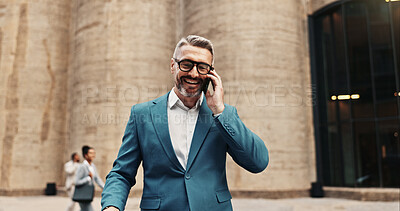Buy stock photo City, phone call and mature business man with deal, investment planning and talking. Outdoor, happy manager and conversation on mobile with communication for financial offer, news and negotiation