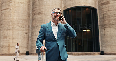 Buy stock photo Outdoor, phone call and businessman with suitcase for travel, news or international investment deal. City, luggage or talking on mobile with happy mature manager for financial offer, trip or journey